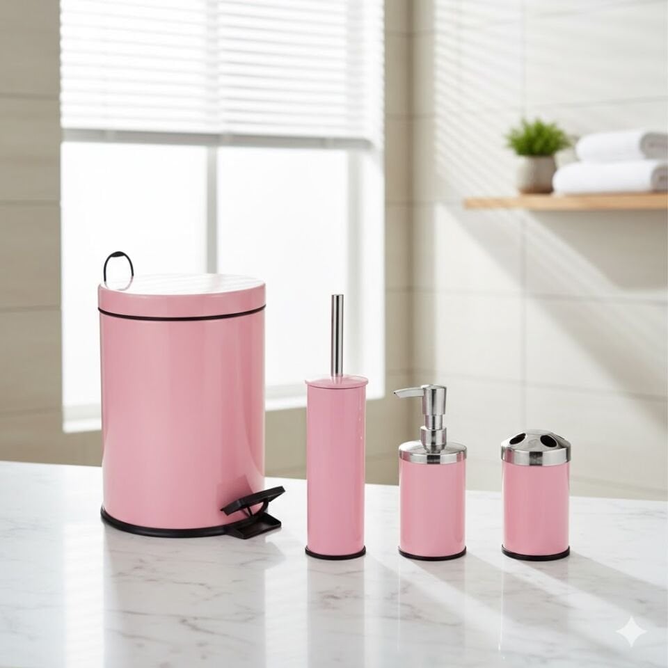 4’lü Banyo Seti Pembe | Pembe Banyo Aksesuar Seti