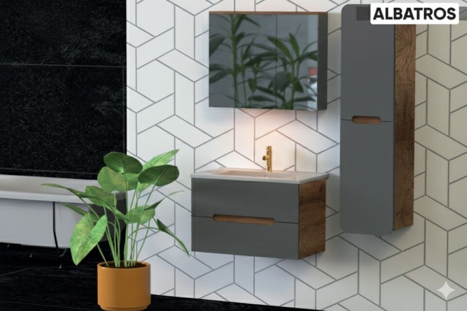Albatros 80 cm Antrasit Barok Meşe Banyo Dolabı Takımı – Doğal Ahşap Görünümlü, Lavabolu