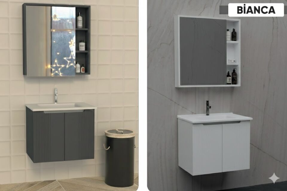 Bianca 65 & 80 cm Banyo Dolabı Takımı Beyaz / Antrasit – Modern Tasarım, Lavabolu